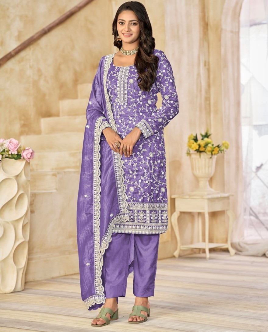 227-purple - Crush Straight Suit with Embroidered Work for Festival in Violet